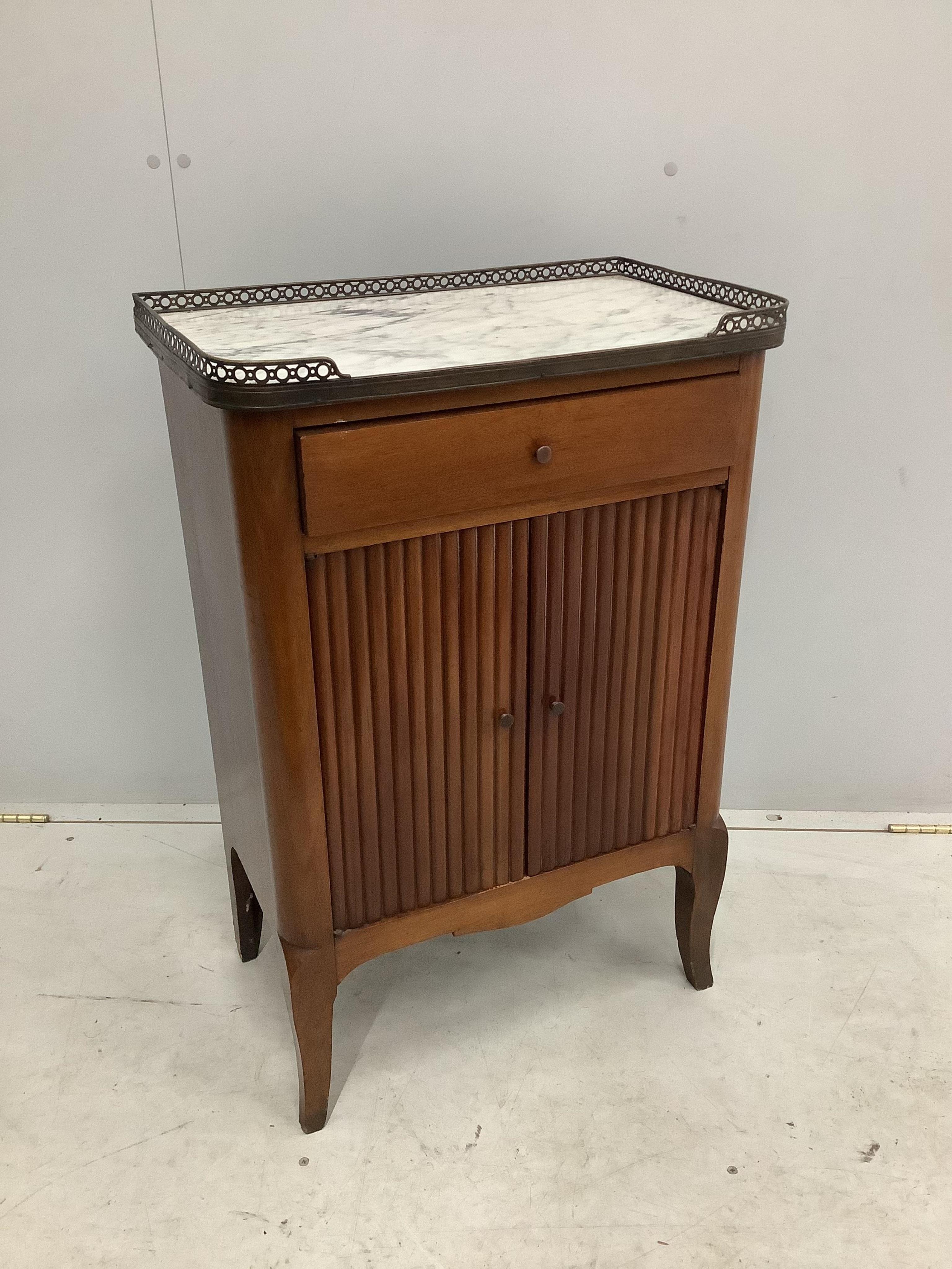 A French marble topped faux tambour front small side cabinet, width 54cm, depth 33cm, height 82cm. Condition - fair to good